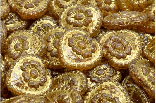 バラのハートビーズ、透明オレンジゴールドライン（10060-54302）、ガラス、チェコ共和国