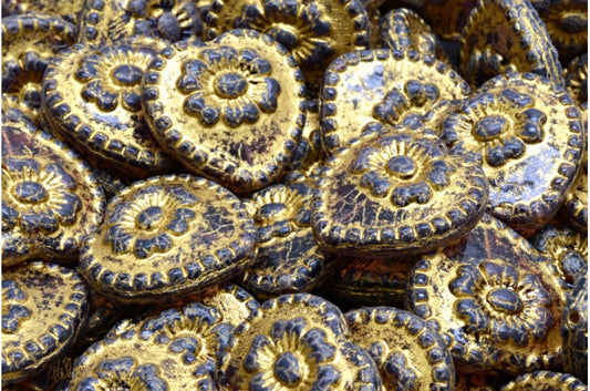 バラのハートビーズ、アメジストゴールドライン（20060-54302）、ガラス、チェコ共和国