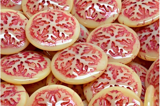 Snowflake Cabochon Beads, Beige Red Lined (11111-54314), Glass, Czech Republic