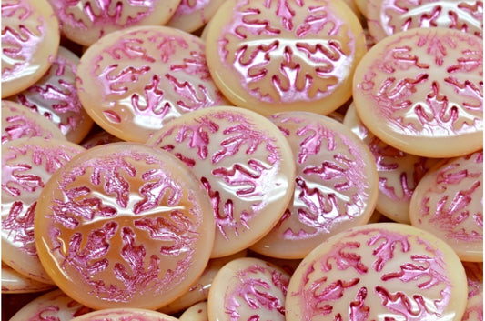 雪花凸圆形珠子，米色粉色内衬 (11111-54321)，玻璃，捷克共和国