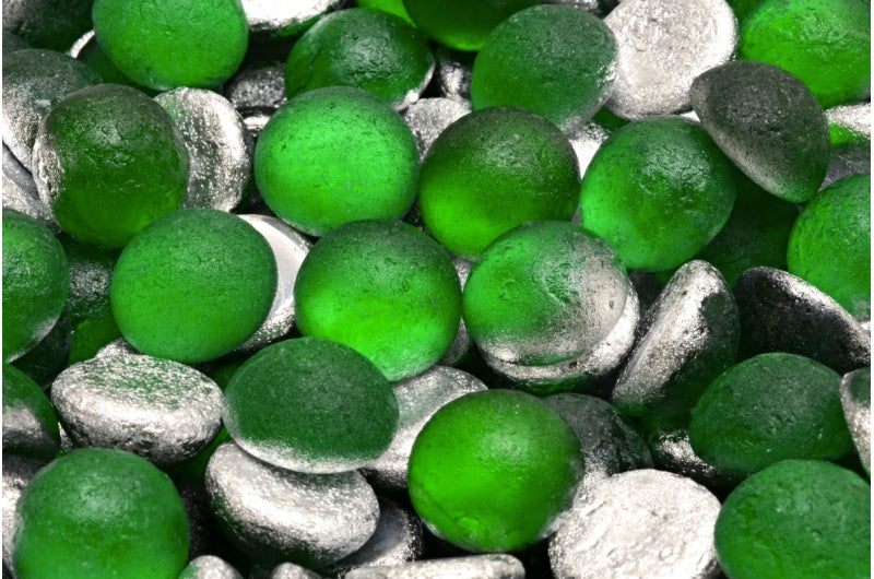 Cabochon Beads, Transparent Green Etched Crystal Silver Half Coating (50030-etch-27001), Glass, Czech Republic