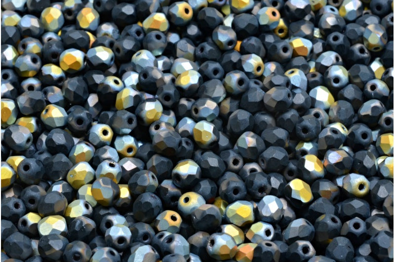 ファセット加工ラウンドビーズ、ブラックマットボルケーノ（23980-84100-28001）、ボヘミアクリスタルガラス、チェコ共和国