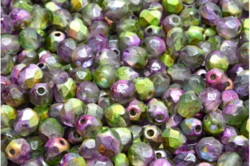 Fire Polish Faceted Round Beads 6mm, Crystal Etched Green Purple (00030-ETCH-95000), Glass, Czech Republic