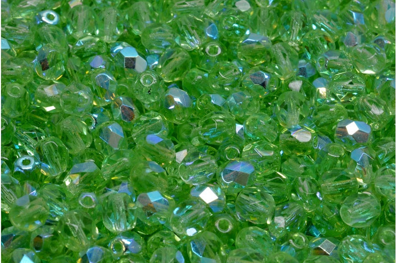 Fire Polished Faceted Beads Round, Transparent Green Ab (50500-28701), Bohemia Crystal Glass, Czech Republic