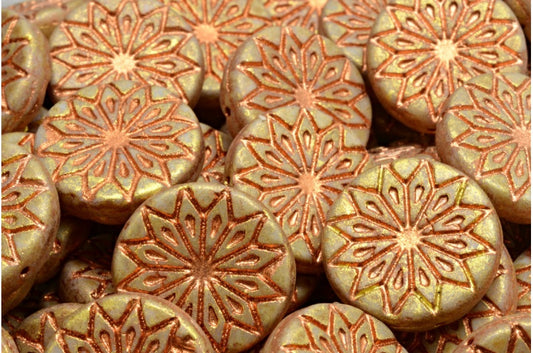 Origami Flower Beads, White Matte Gold Luster Spotted Copper Lined (02010-84100-65322-54318), Glass, Czech Republic