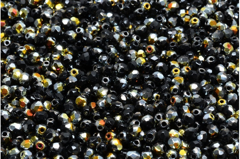 ファセット加工ラウンドビーズ、ブラックボルケーノ（23980-28001）、ボヘミアクリスタルガラス、チェコ共和国