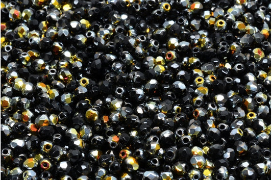 ファセット加工ラウンドビーズ、ブラックボルケーノ（23980-28001）、ボヘミアクリスタルガラス、チェコ共和国