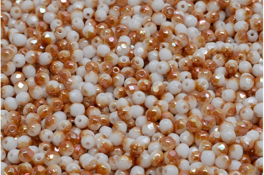 ファセット加工ラウンドビーズ、チョークホワイトアプリコットコーティング（03000-29121）、ボヘミアクリスタルガラス、チェコ共和国