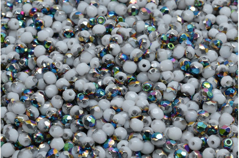 Fire Polish Faceted Round Beads 3mm, Chalk White Crystal Vitrail Medium Coating (03000-28101), Glass, Czech Republic