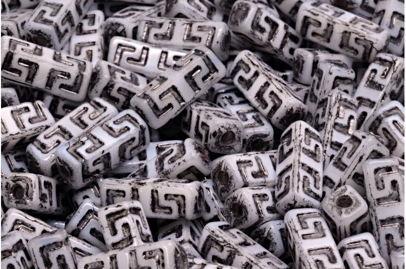 Celtic Block Beads, White Black Lined (02010-54313), Glass, Czech Republic