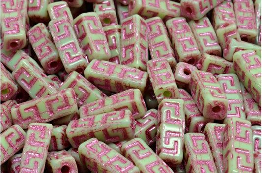 Celtic Block Beads, Opal Green Pink Lined (51000-54321), Glass, Czech Republic