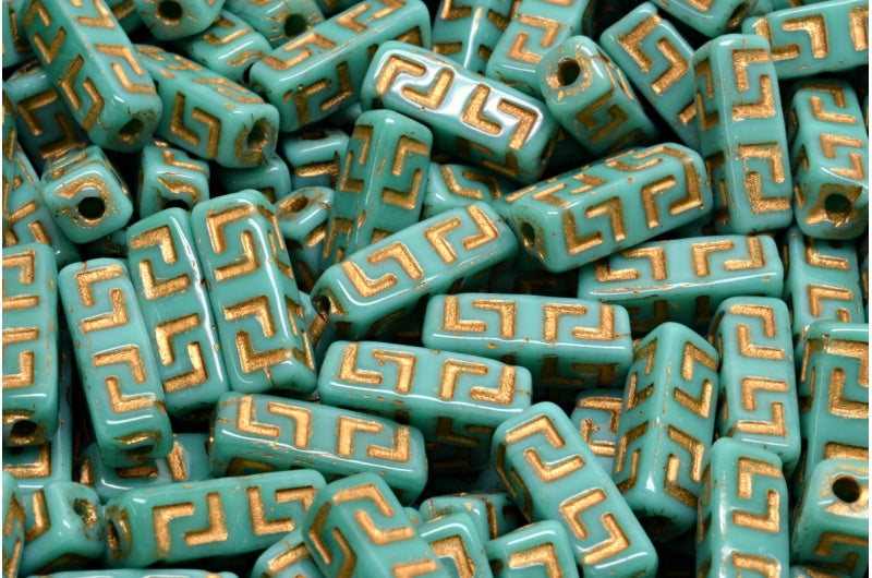 Celtic Block Beads, Turquoise Gold Lined (63130-54302), Glass, Czech Republic