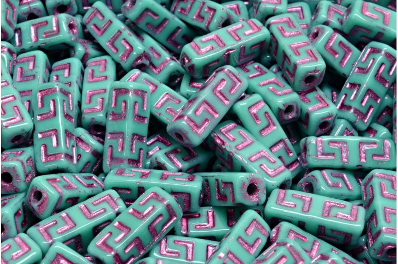 Celtic Block Beads, Turquoise Pink Lined (63130-54321), Glass, Czech Republic