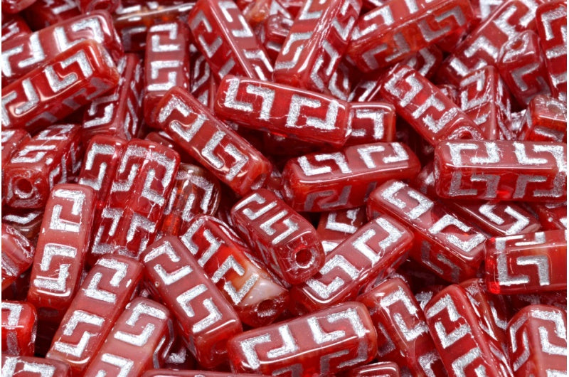 Celtic Block Beads, White Red Silver Lined (R2908-54301), Glass, Czech Republic