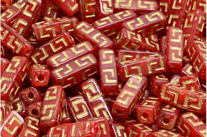 Celtic Block Beads, White Red Gold Lined (R2908-54302), Glass, Czech Republic