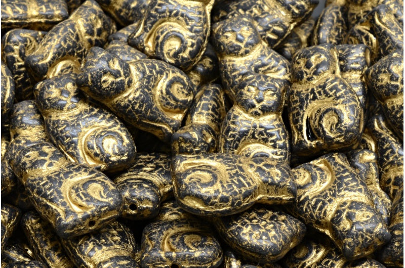 Cat beads, Black Gold Lined (23980-54302), Glass, Czech Republic