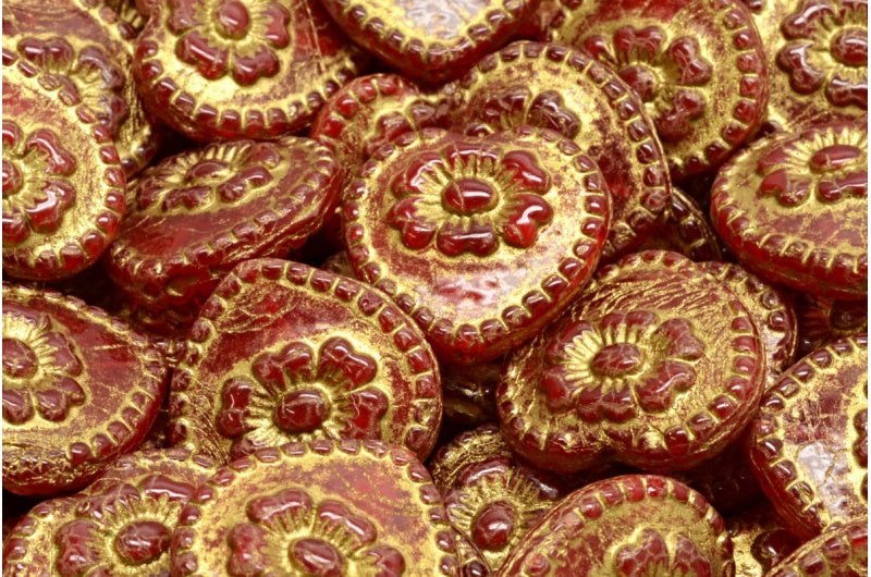 Heart Beads With Rose, Opal Red Gold Lined (91240-54302), Glass, Czech Republic