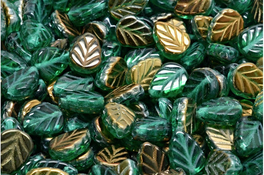 Mint Leaf Beads, Transparent Green Emerald Crystal Bronze Capri (50720-22601), Glass, Czech Republic