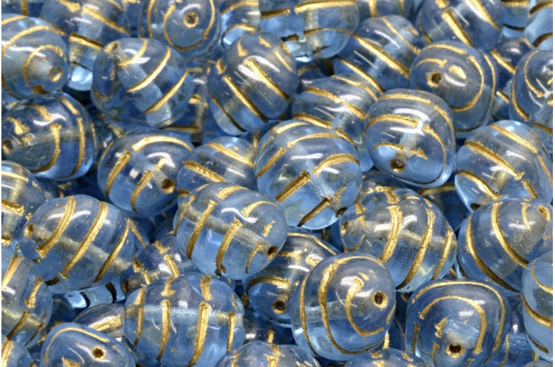 Lined Oval Beads, Transparent Blue Gold Lined (30020-54302), Glass, Czech Republic