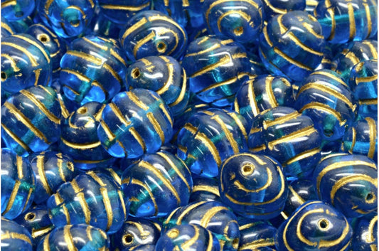 ライン入りオーバルビーズ、透明アクアゴールドライン（60040-54302）、ガラス、チェコ共和国