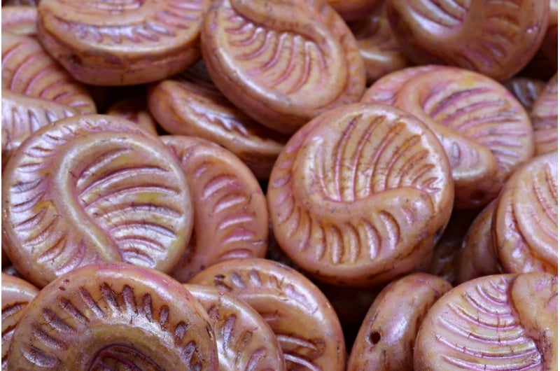 Fossil Coin Beads, White Pink Beige Luster Spotted (02010-65323), Glass, Czech Republic