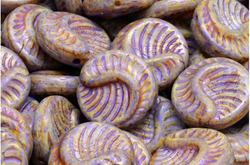 Fossil Coin Beads, White 65328 (02010-65328), Glass, Czech Republic