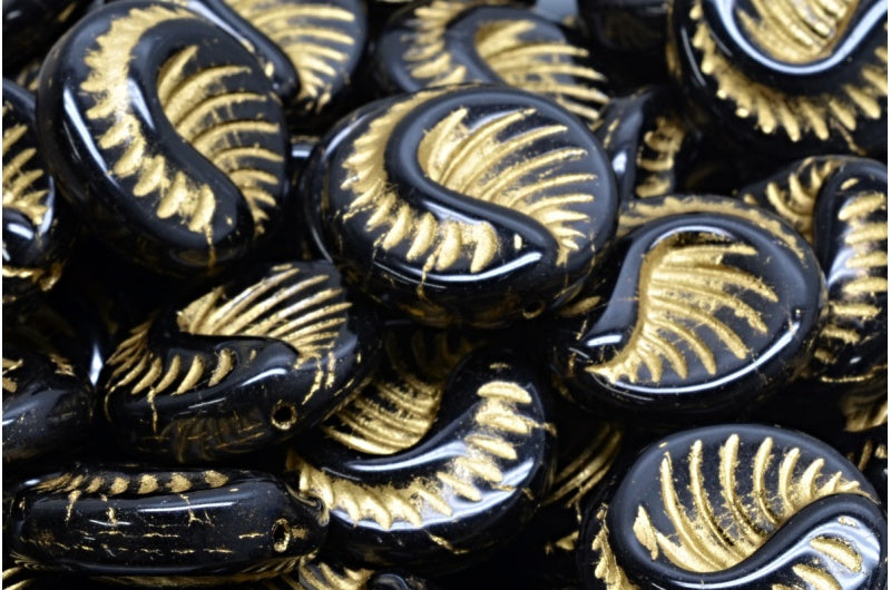 化石コインビーズ、ブラックゴールドライン（23980-54302）、ガラス、チェコ共和国