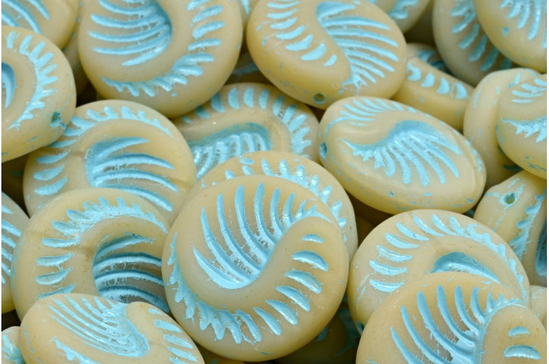 Fossil Coin Beads, Beige Light Blue Lined Matte (11111-54308-84100), Glass, Czech Republic