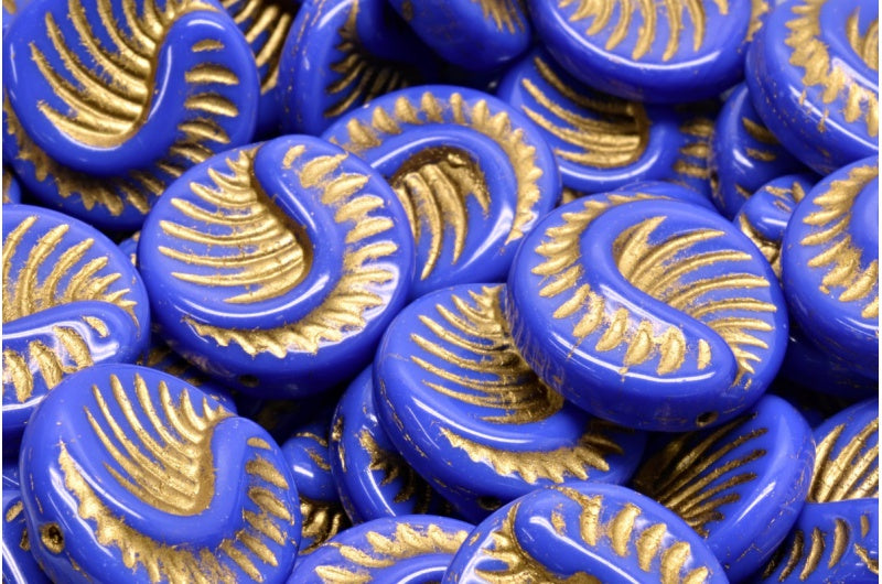 化石コインビーズ、濃いブルーの金箔入り（33060-54302）、ガラス、チェコ共和国