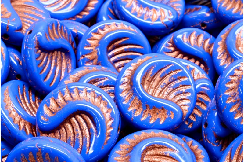 Fossil Coin Beads, Rich Blue Copper Lined (33060-54319), Glass, Czech Republic