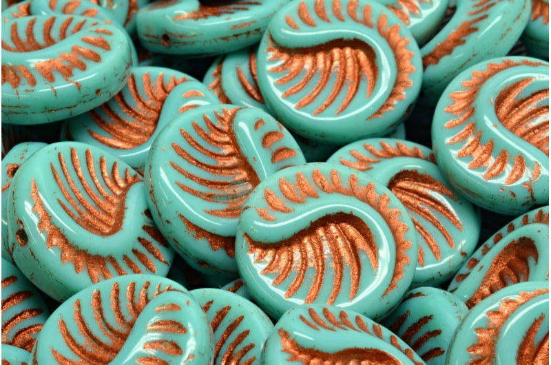 Fossil Coin Beads, Turquoise Copper Lined (63130-54319), Glass, Czech Republic