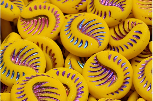 Fossil Coin Beads, Opaque Yellow Sliperit Full (2X Side) Matte (93110-29503-84100), Glass, Czech Republic