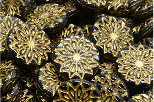 Origami Flower Beads, Black Gold Lined (23980-54302), Glass, Czech Republic