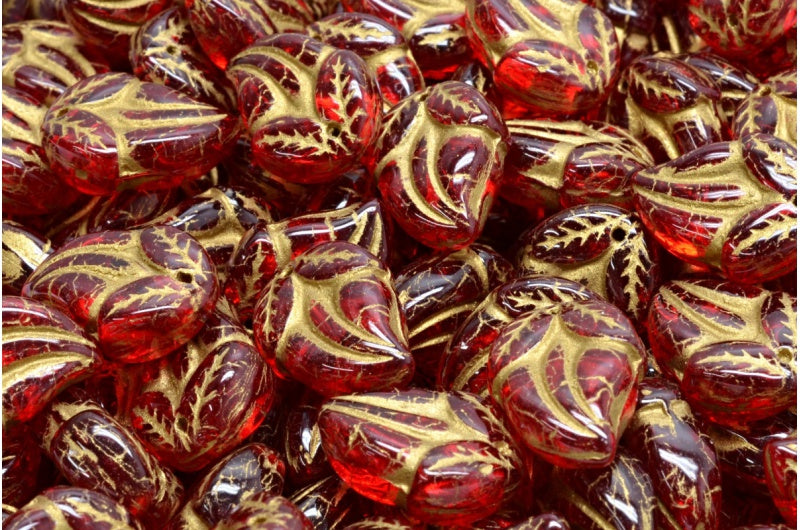 Flower Bud Beads, Ruby Red Gold Lined (90080-54302), Glass, Czech Republic