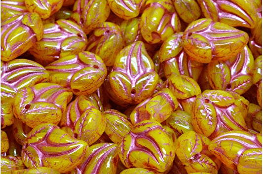 花のつぼみビーズ、オパールイエローピンクライン（81210-54321）、ガラス、チェコ共和国