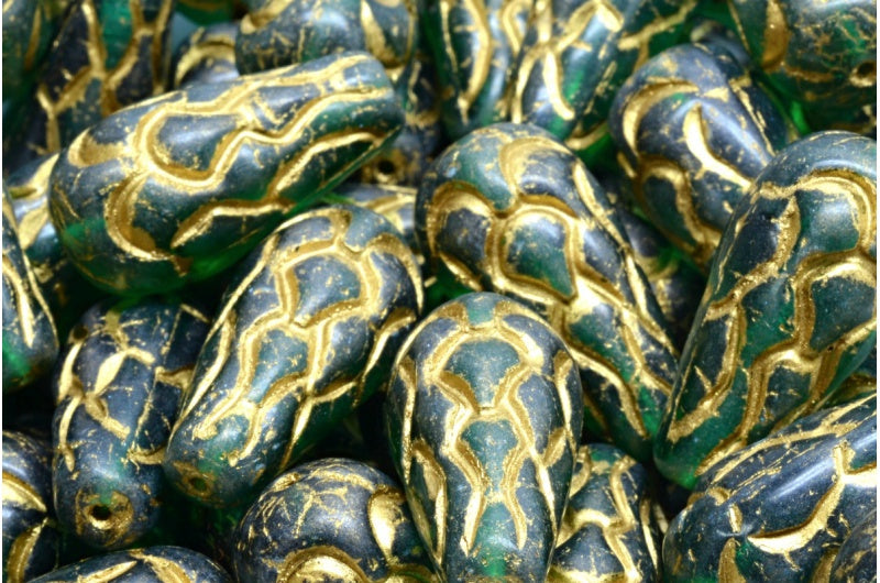 Pinecone Beads, Transparent Green Emerald Gold Lined (50710-54302), Glass, Czech Republic