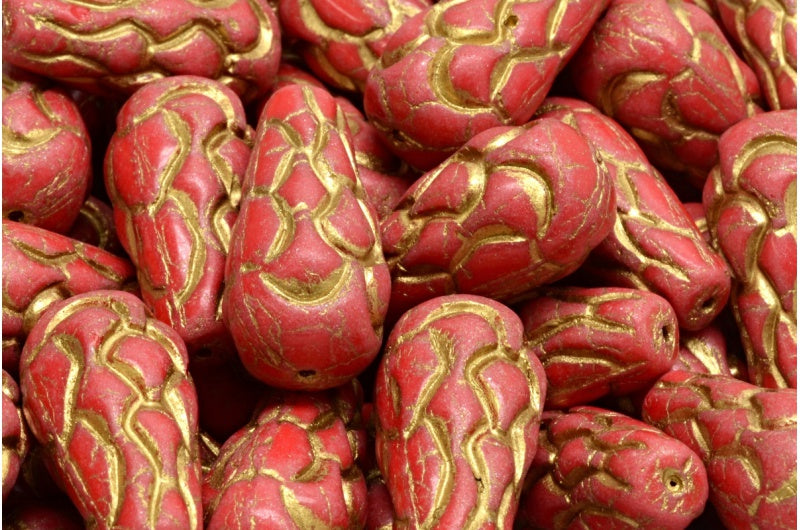 松ぼっくりビーズ、不透明レッドゴールドライン（93200-54302）、ガラス、チェコ共和国