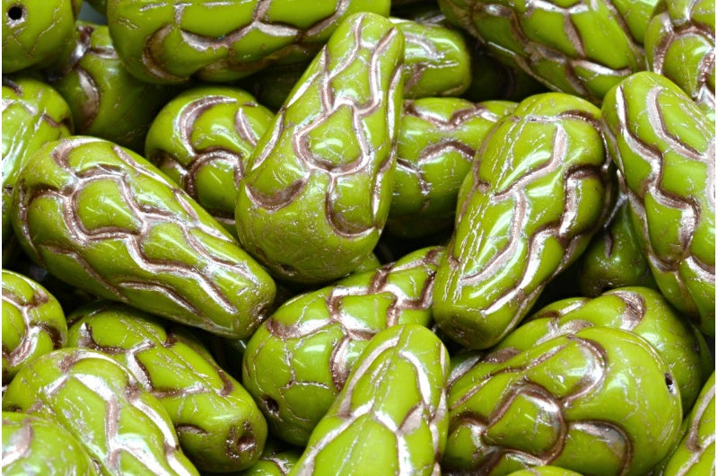 Pinecone Beads, Green Copper Lined (53420-54324), Glass, Czech Republic