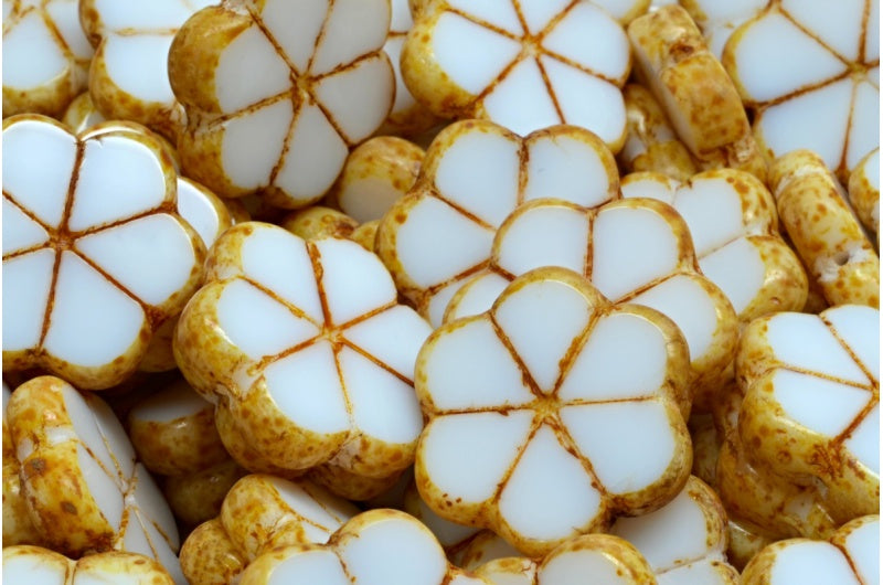 Table Cut Garland Flower Beads, White Travertin (2010 86800), Glass, Czech Republic
