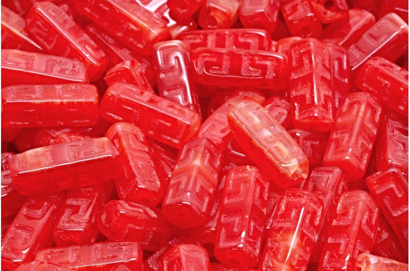 Celtic Block Beads, White Red (R2908), Glass, Czech Republic