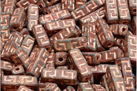 Celtic Block Beads, Opaque Red Matte Picasso Copper Lined (93200-84100-43400-54318), Glass, Czech Republic