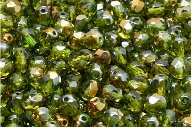 ファセット加工ビーズ ラウンド、透明グリーンクリスタルブロンズカプリ（50230-22601）、ボヘミアクリスタルガラス、チェコ共和国