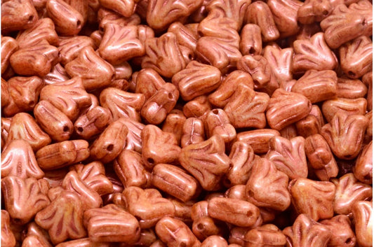 Lily Flower Beads, White Copper Luster Spotted (02010-65324), Glass, Czech Republic