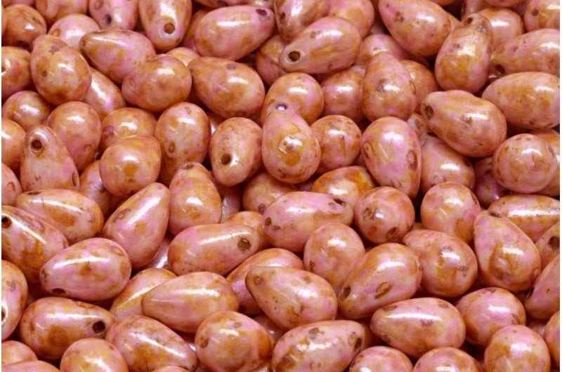 吊珠，白色粉红色米色光泽斑点 (02010-65323)，玻璃，捷克共和国