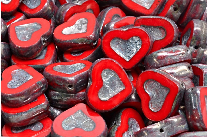 Table Cut Heart Beads, Opaque Red Travertin Silver (93200 86800 27000), Glass, Czech Republic