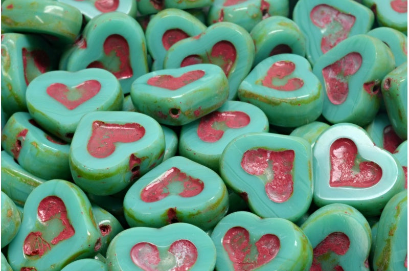 Table Cut Heart Beads, Turquoise Travertin 54314 (63130 86800 54314), Glass, Czech Republic