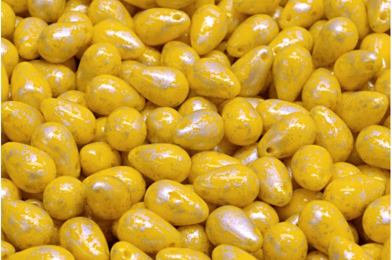 ドロップビーズ、不透明イエローシルバースプラッシュ（93100-94400）、ガラス、チェコ共和国