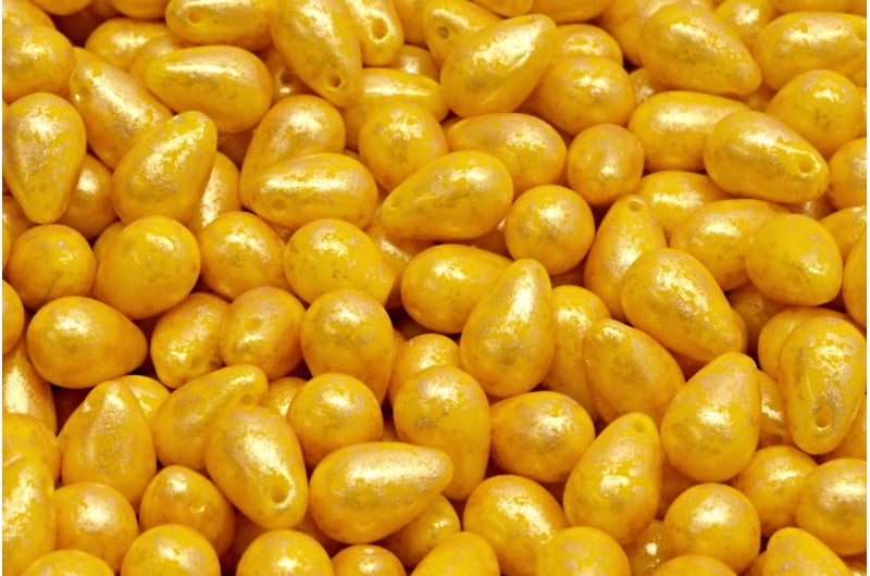 ドロップビーズ、不透明イエローゴールドスプラッシュ（93100-94401）、ガラス、チェコ共和国