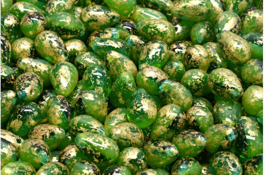 Drop Beads, Opal Green Transparent Green Gold Splash (51000-50570-94401), Glass, Czech Republic