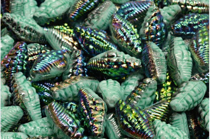 Miter Shell Beads, White Crystal Vitrail Medium Coating Marble Green (02010-28101-15424), Glass, Czech Republic